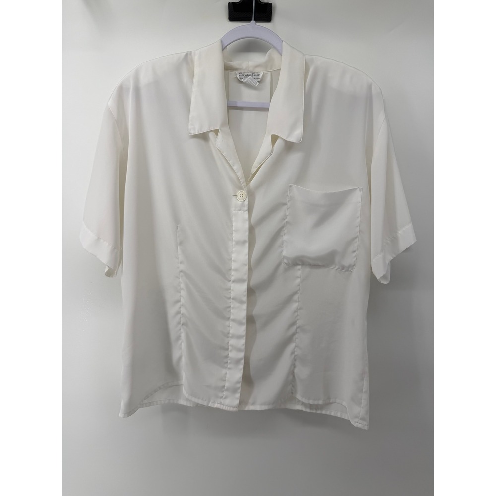Christian Dior Chemises Vintage White Short Sleeve Button Up Blouse Size 12